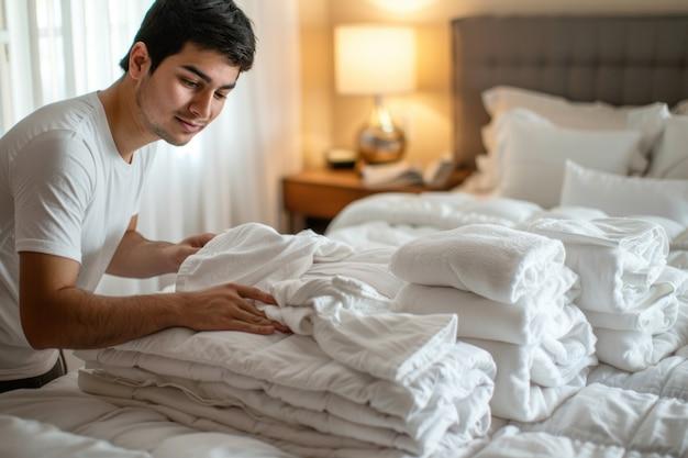 A person folding a stack of white towels