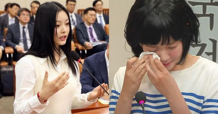 this is a picture of newjeans hanni addressing the court and another picture of her cleaning her eyes