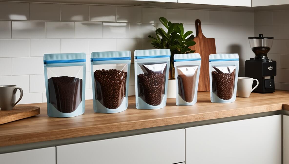 Five transparent plastic bags with blue zipper closures are lined up on a kitchen counter. The bags contain varying amounts of coffee beans. A coffee grinder, two mugs, and a cutting board are also visible on the counter.