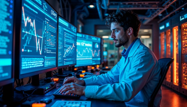 Scientist working on computer data analysis in technology lab