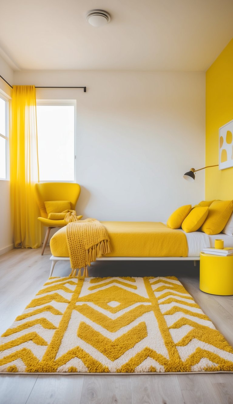 A bright yellow geometric rug anchors a modern bedroom with warm yellow accents