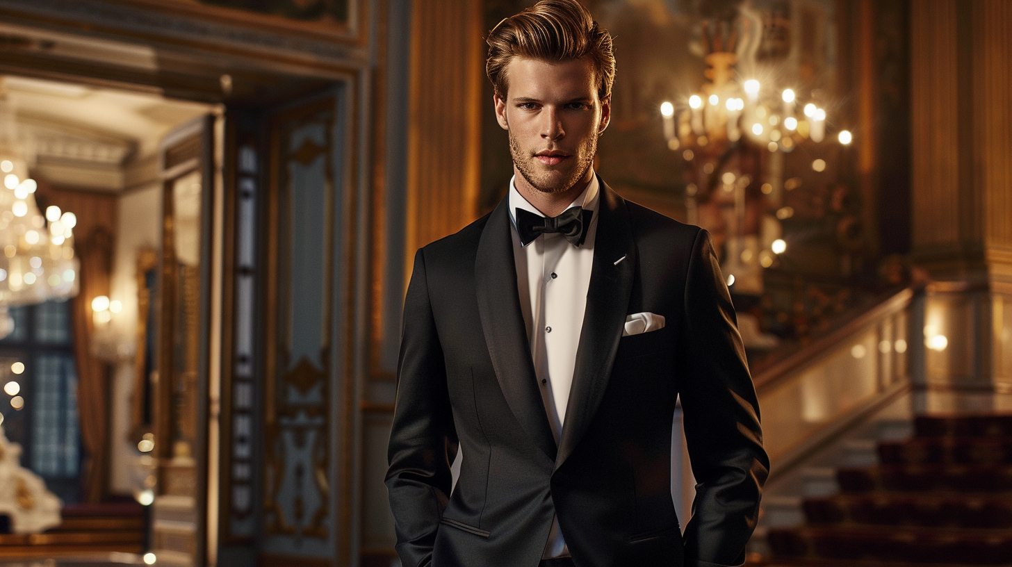 Man dressed in a peak lapel tuxedo with sharply angled lapels, structured fit, confident pose in a formal ballroom setting, sophisticated and powerful aesthetic.
