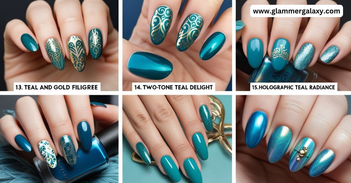 Teal nail polish designs with gold filigree, two-tone effects, and holographic details.