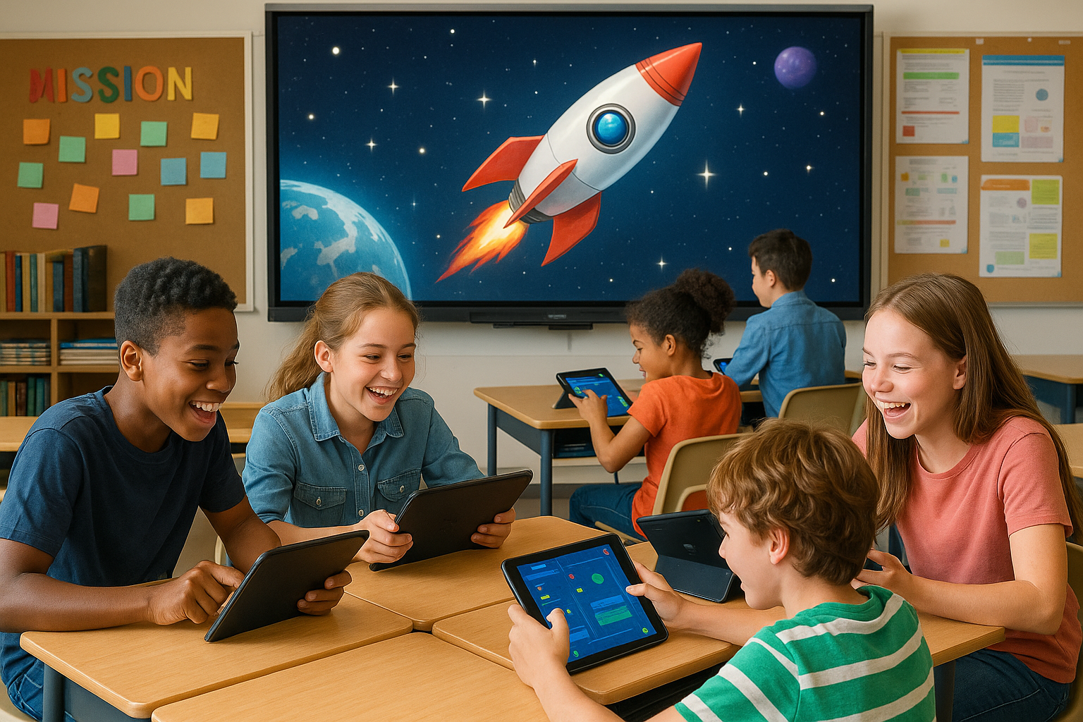 Group of kids together at a table on their ipads. there is a screen at the front of the classroom with a rocket ship being displayed