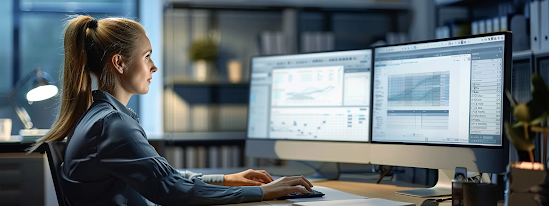 Woman with ponytail using two desktop monitors for project invoicing software