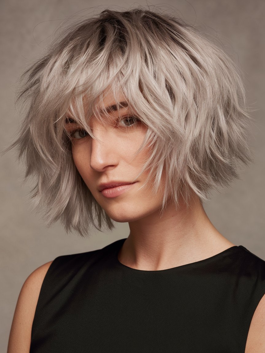 29. Piecey Platinum Layered Bob