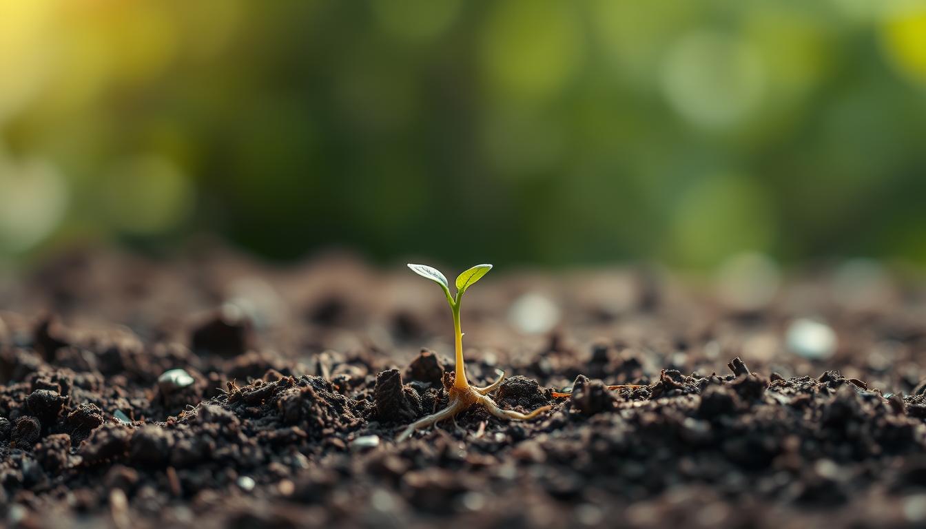 An image of a seed planted in soil, with the roots beginning to grow and push through the dirt towards sunlight. The image should convey a sense of determination and alignment between the seed's growth and the natural world around it, showing how our actions can align with our intentions for manifestation. The background should be a blurred but lush natural landscape, emphasizing the power of nature to support growth and change.