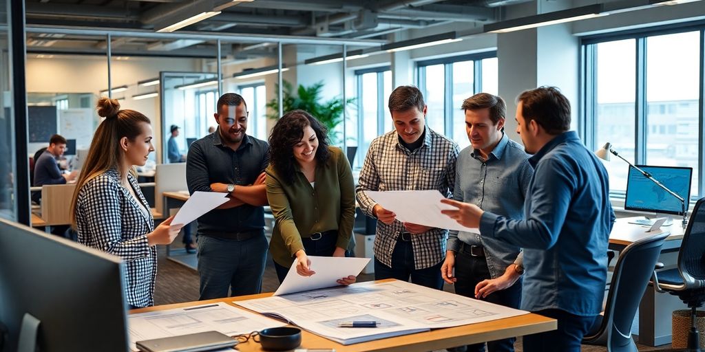 Team collaborating in a modern office on project control.