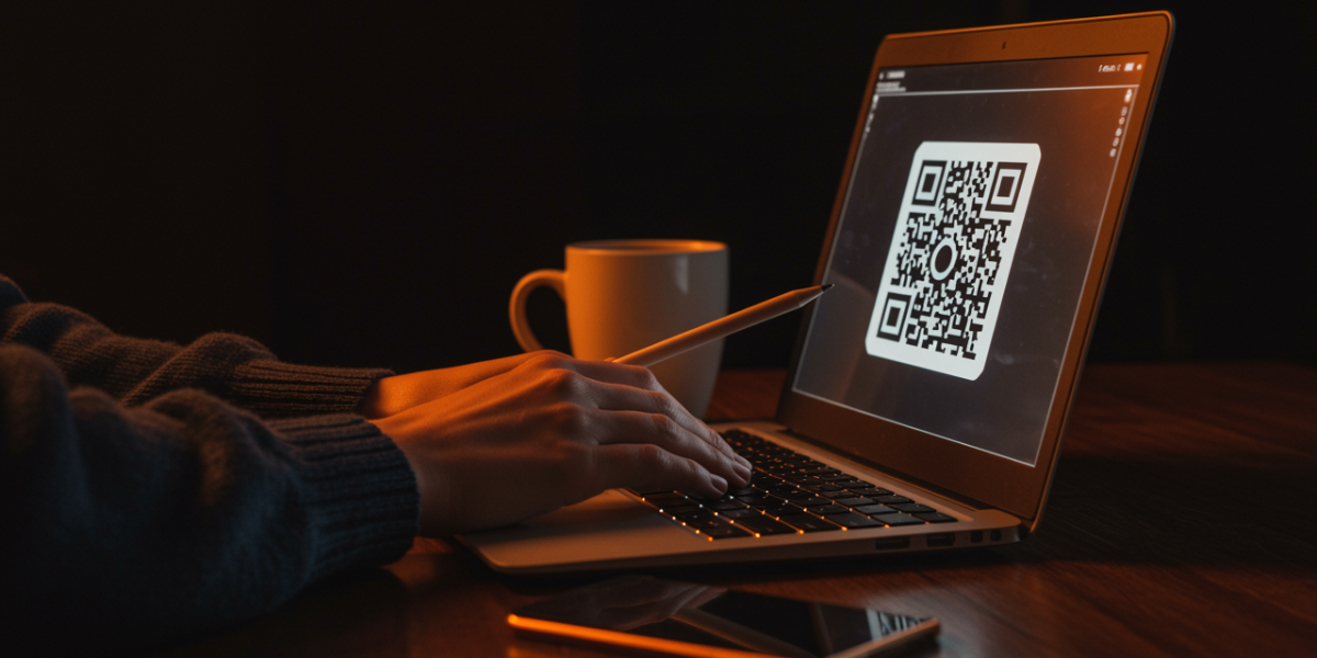 A man designing a QR Code on his laptop.