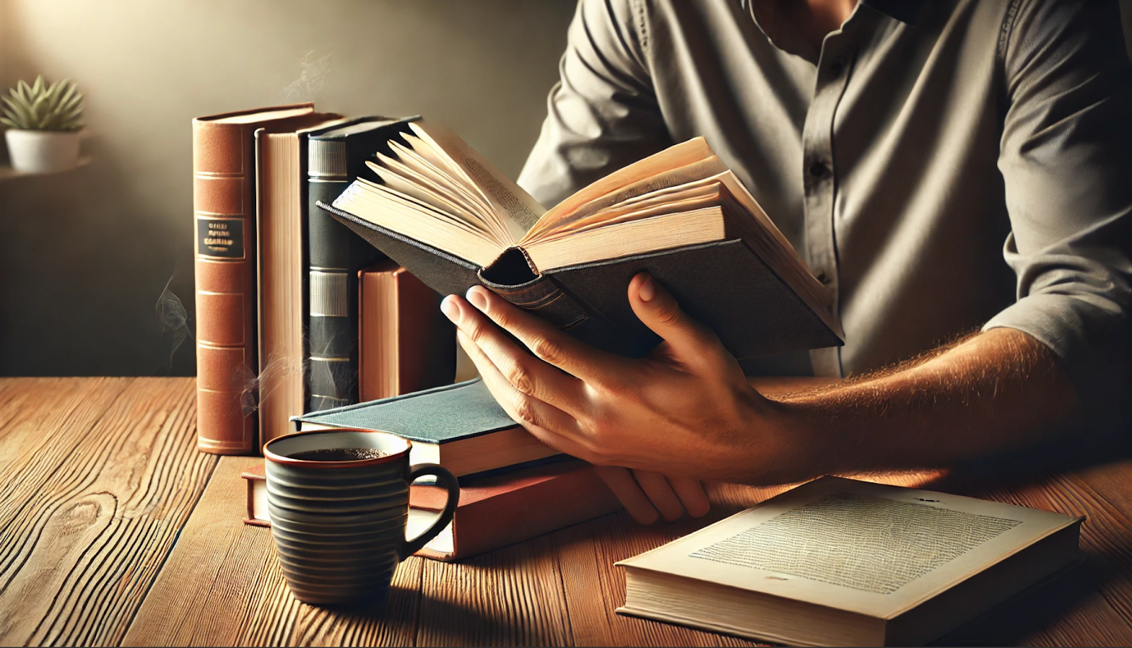 This image features a person reading a book at a wooden table, creating a warm and scholarly atmosphere. The person is surrounded by a stack of hardcover books, a cup of coffee, and glasses, suggesting a moment of leisurely study or reflection. The lighting highlights the texture of the books and the steam rising from the cup, enhancing the cozy and inviting feel of the scene.