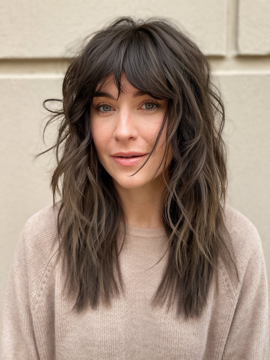 44. Face-Framing Layers with Curled Bangs