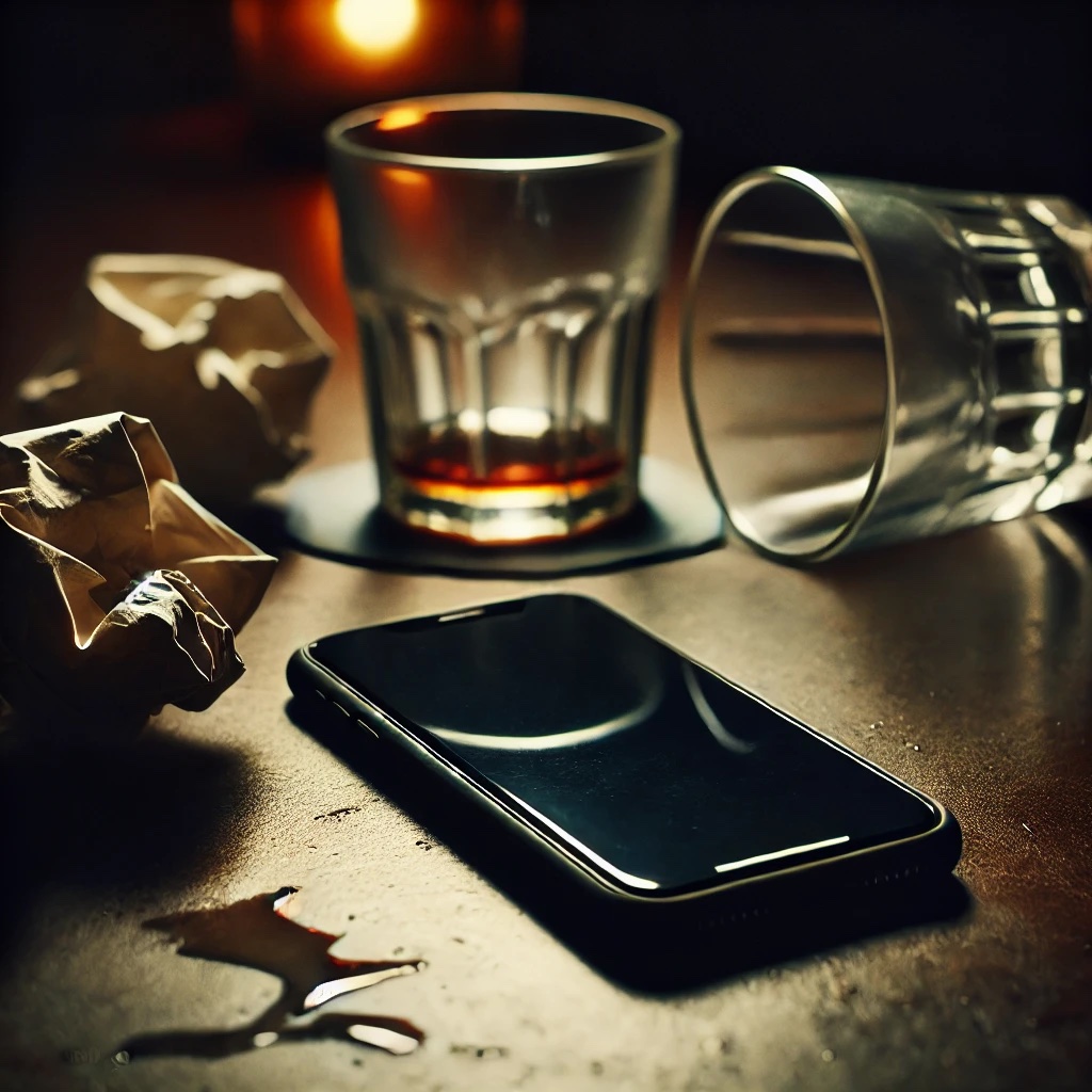 A phone lying face down next to an empty glass and a crumpled napkin, symbolizing a night of regrets and poor decisions