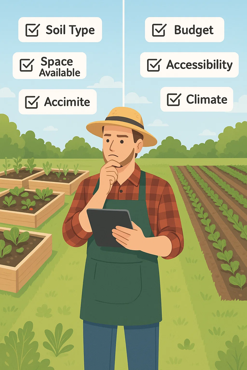 A split-screen garden scene: on one side, raised garden beds neatly arranged with wooden frames and flourishing plants; on the other side, a spacious in-ground garden with long rows of crops. In the center, a thoughtful gardener stands holding a notepad or tablet, looking between the two options. Surround the image with floating icons or checklists labeled “Soil Type,” “Budget,” “Space Available,” “Accessibility,” and “Climate.” The background should be bright and natural, with clear visual cues helping the viewer compare both styles.