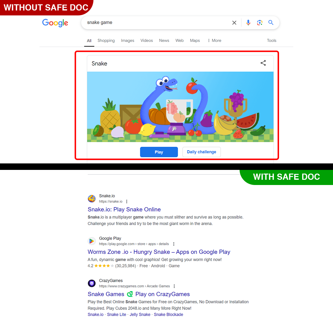 Free mini games like snake in Google search results will be blocked by Safe Doc