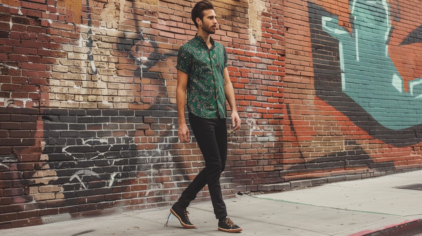 Man wearing a patterned green shirt (floral or striped) with solid black pants, stylish sneakers or dress shoes, lively expression, background with texture (brick wall, mural, or café setting), fashion-forward but balanced look