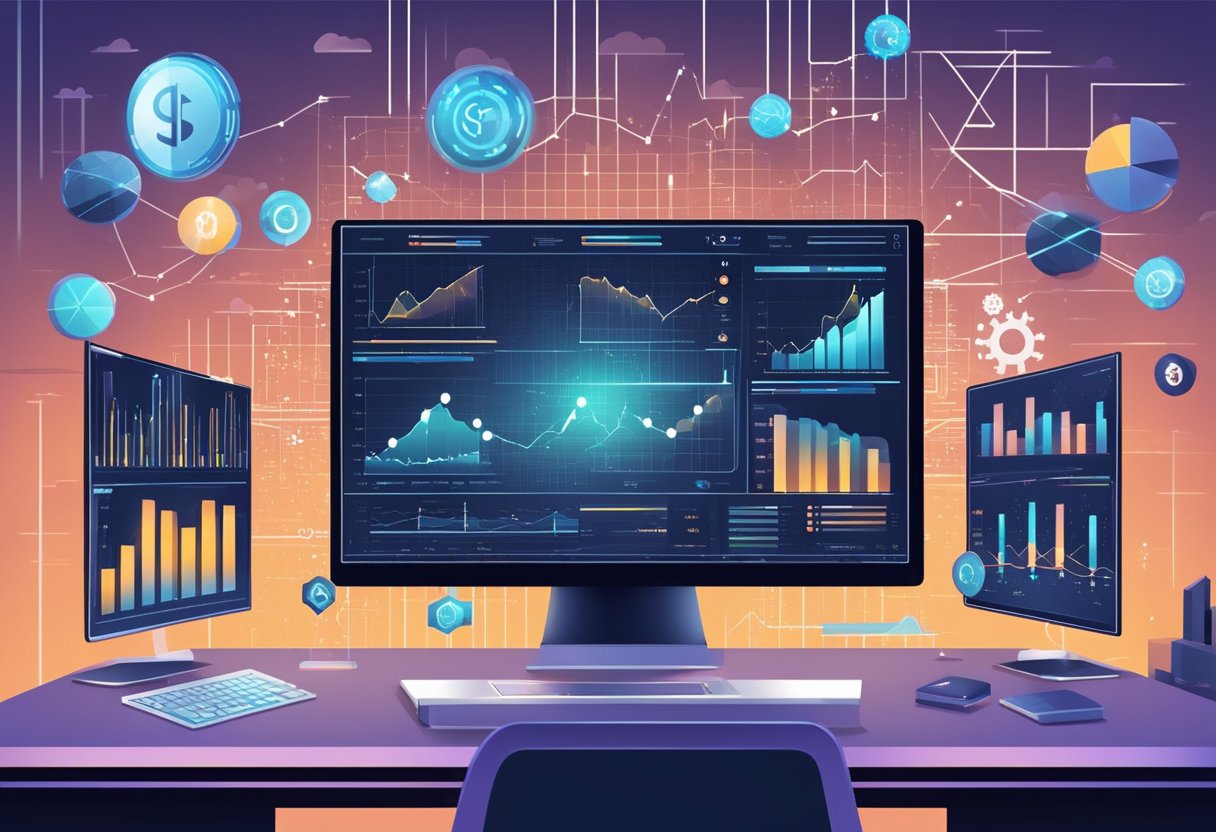 An AI analyzing financial data on a computer screen with charts and graphs displayed, surrounded by futuristic technology and symbols of wealth and success