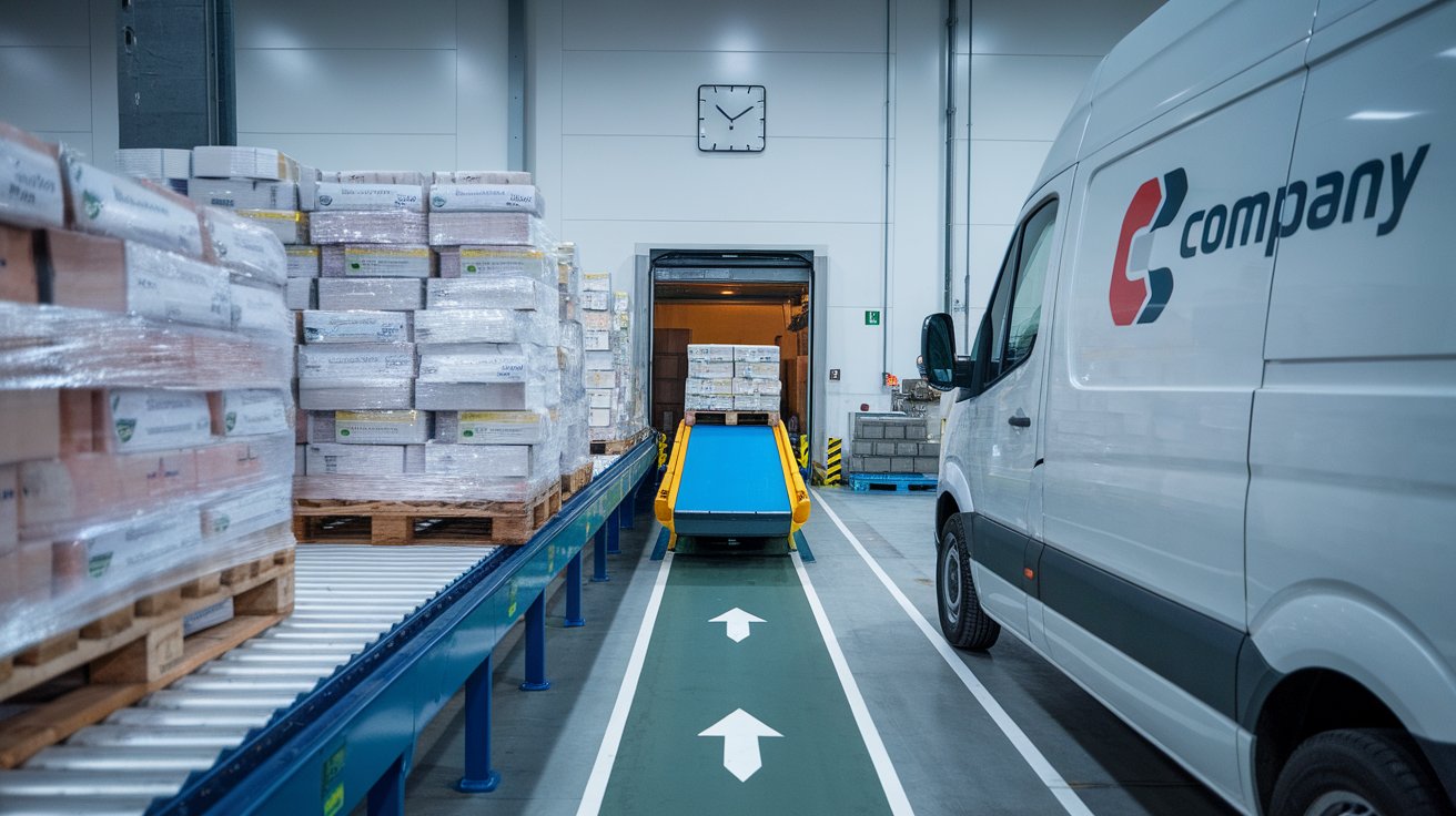 A modern logistics facility featuring a conveyor belt moving pallets of neatly wrapped goods toward a loading dock. A branded delivery van is positioned nearby, ready for shipment, emphasizing efficient operations and on-time delivery. A wall clock in the background underscores the importance of punctuality in logistics.