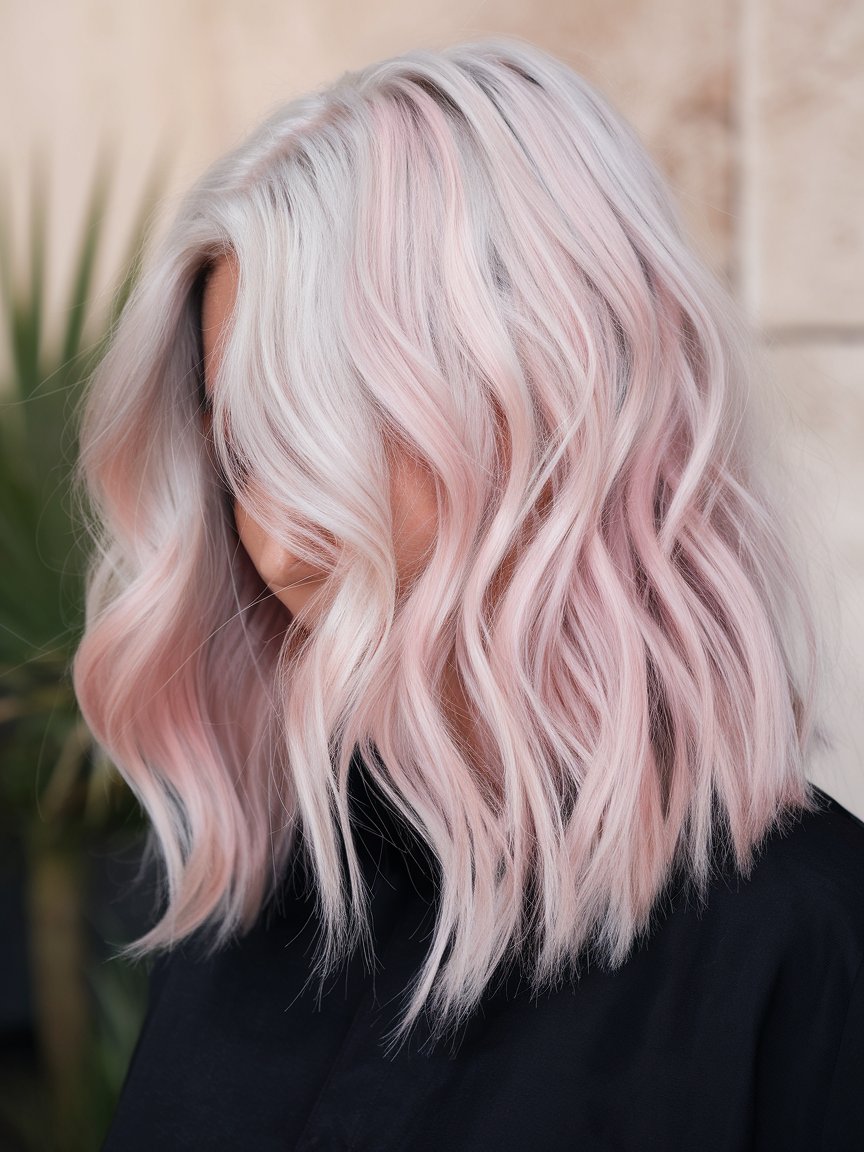 1. Platinum Waves with Pastel Pink Balayage Highlights