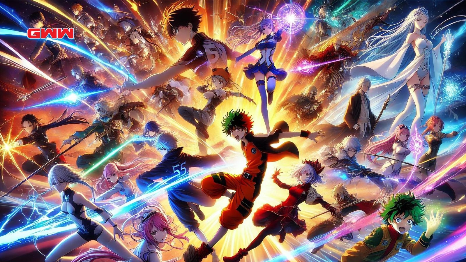 Vibrant scene of anime characters in mid-action with colorful energy beams and magic