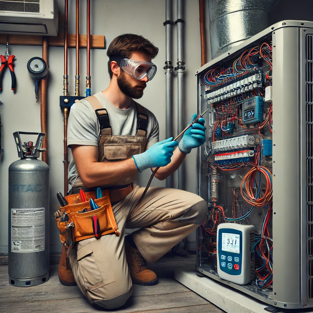 HVAC pro using leak detector and torque screwdriver with protective gear during PTAC install.