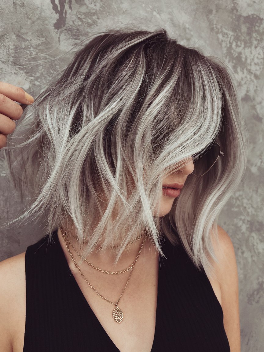 6. Inverted Gray Balayage Bob with Overlapping Layers