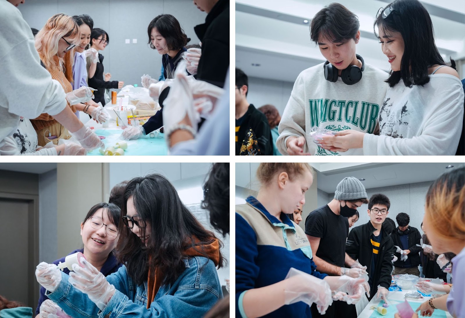 Students use molds to create their own red bean or lotus seed paste mooncakes and then package their finished product.