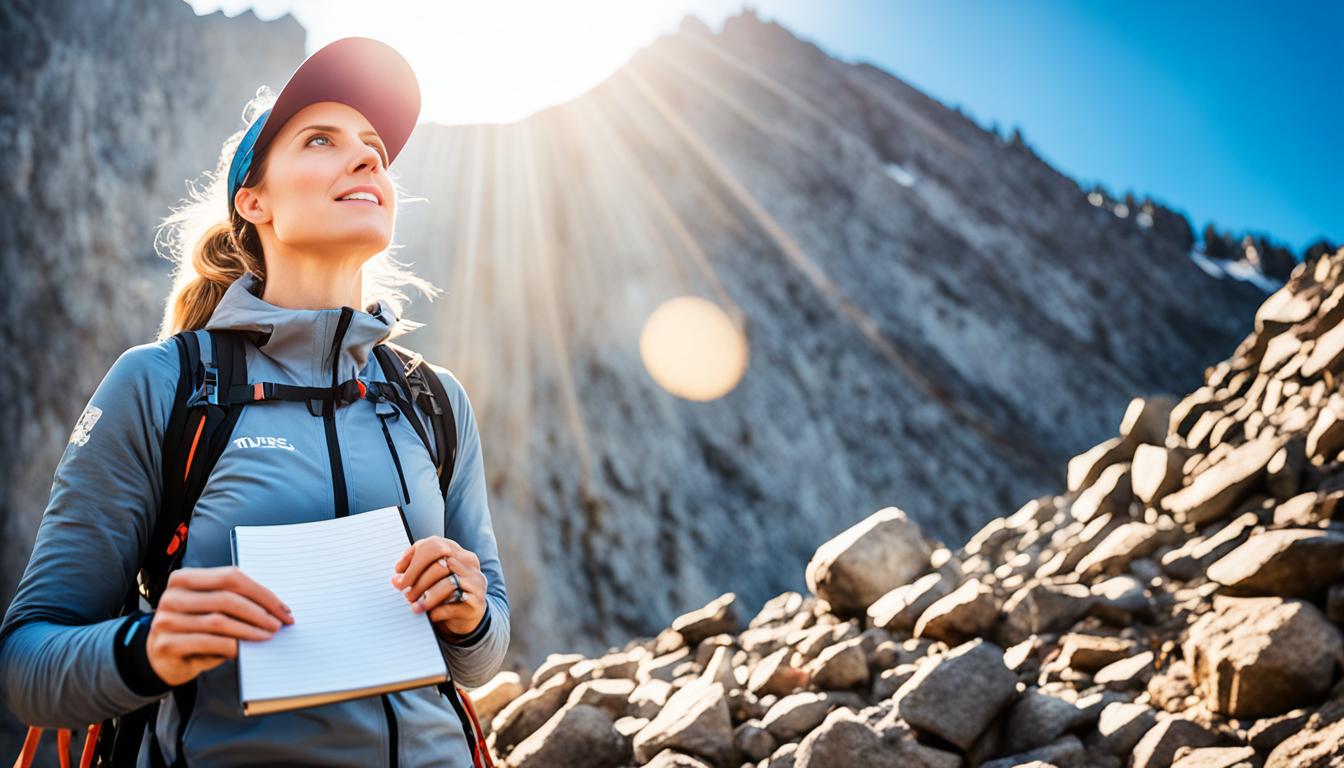 A person standing at the base of a steep mountain, looking up at the summit with determination in their eyes. The mountain is covered in rocks and obstacles, but the person is holding a pen and a blank journal, ready to start their journey towards overcoming their limiting beliefs. The sun is shining bright in the sky, casting a warm glow on the scene.