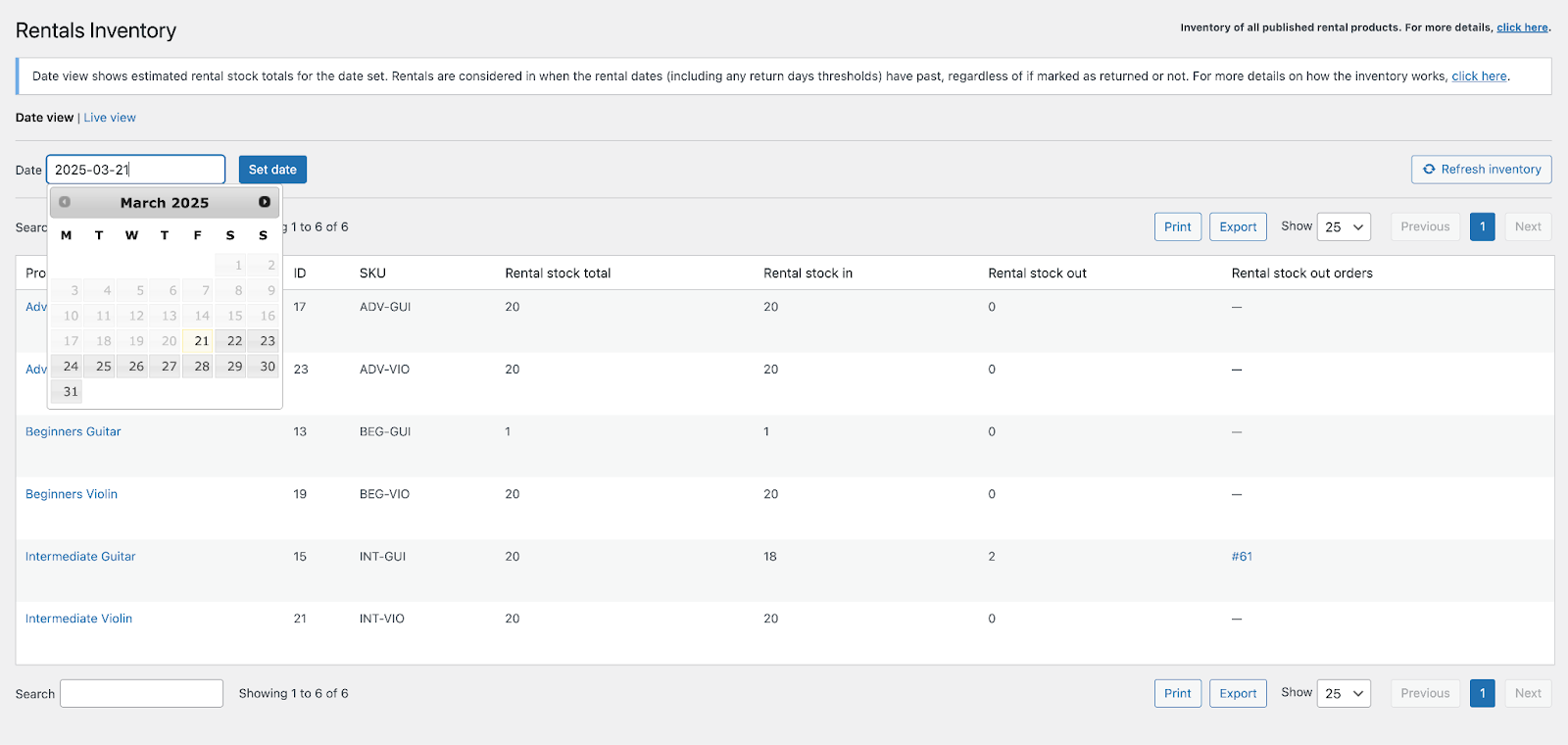 Viewing inventory in date view in the Rentals Inventory dashboard for Rental Products for WooCommerce.
