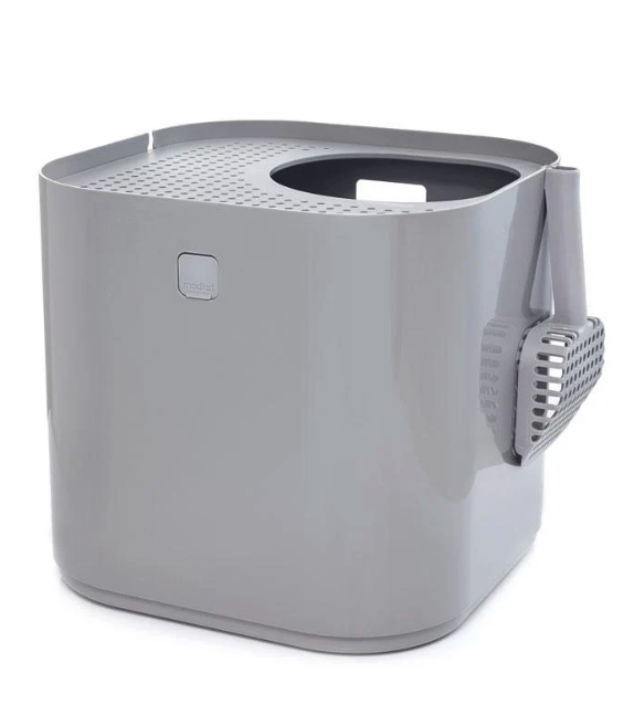 A grey ModKat Top-Entry Litter Box, designed with a top opening to deter dogs from accessing the litter.