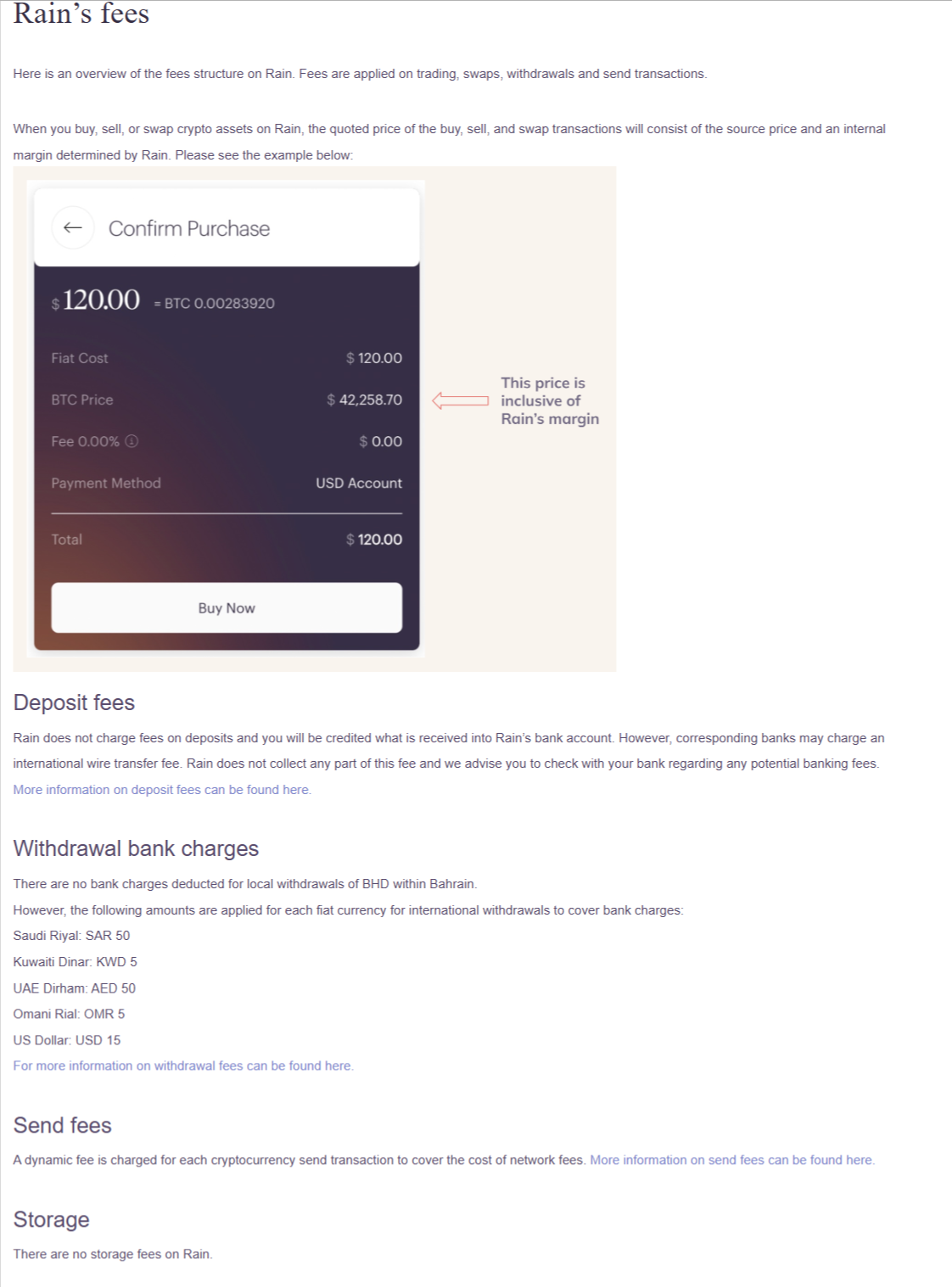 Rain deposit and withdrawal fees 