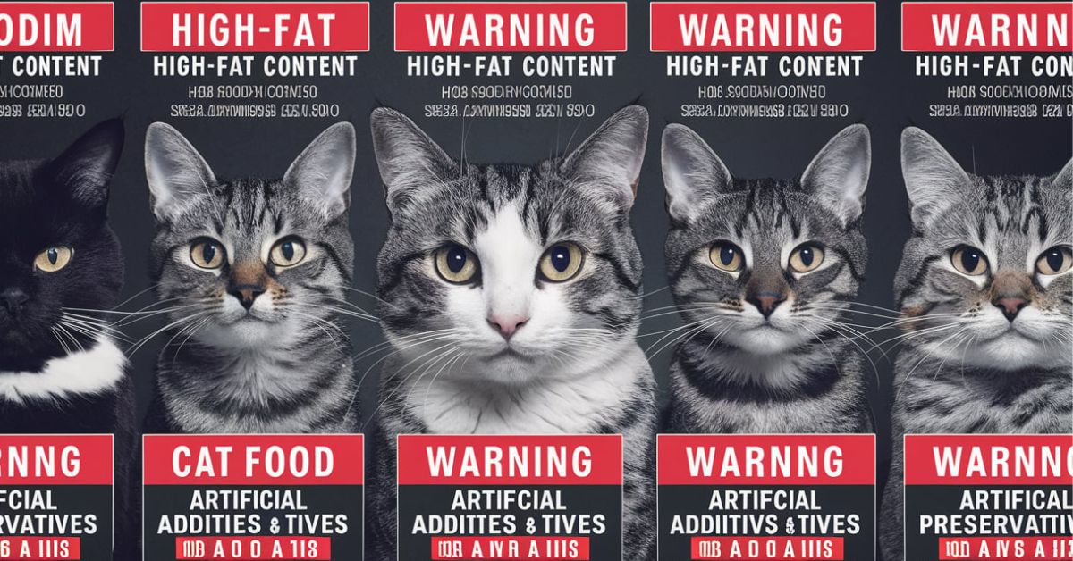 A poster displaying various cats alongside their respective warning signs, highlighting Health Risks for Cats.