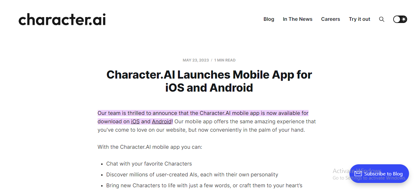 Character AI Mobile iOS and Android launching press