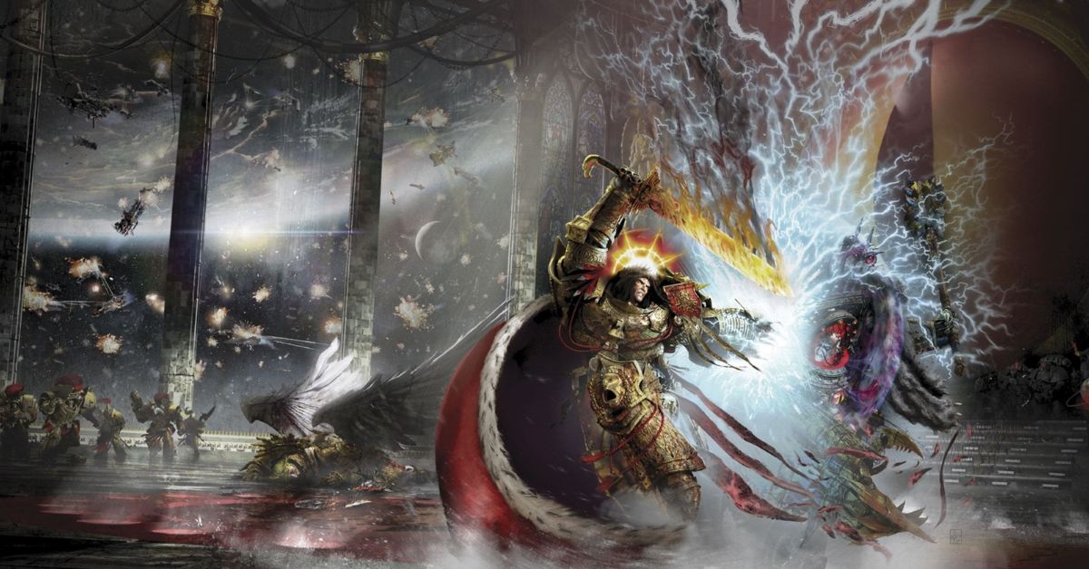 A dramatic scene from Warhammer 40k featuring the Emperor's Crusade, highlighting the ominous Pit of Heresy.