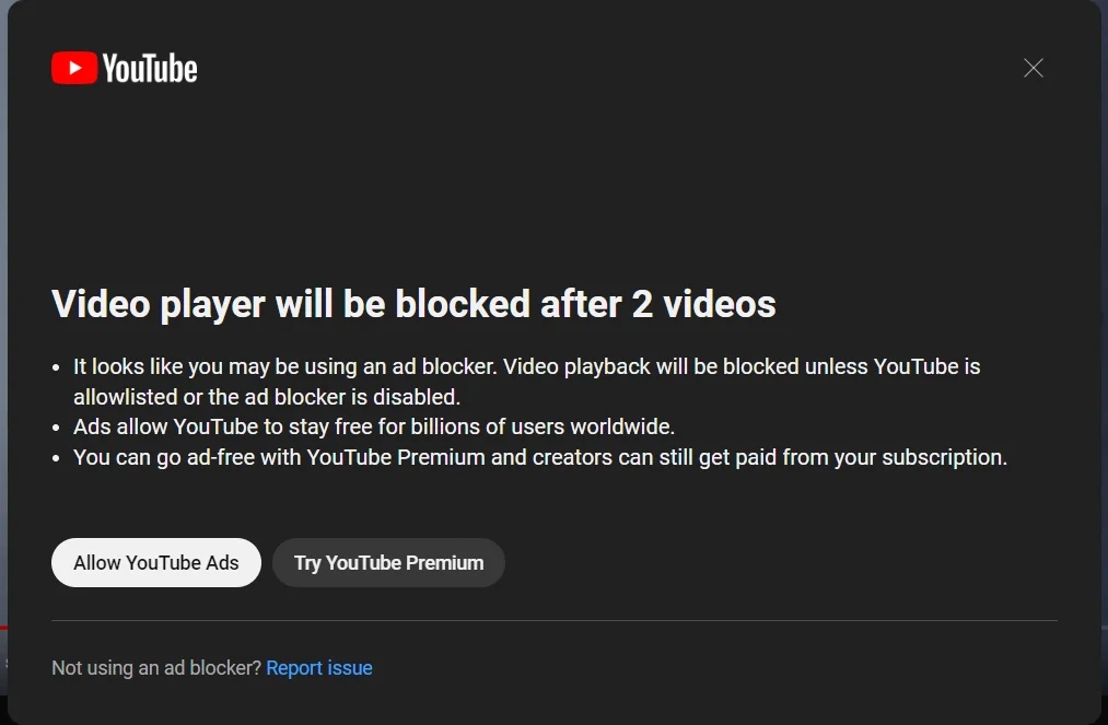 O YouTube ameaçou suspender a reprodução de vídeos para usuários de adblockers.