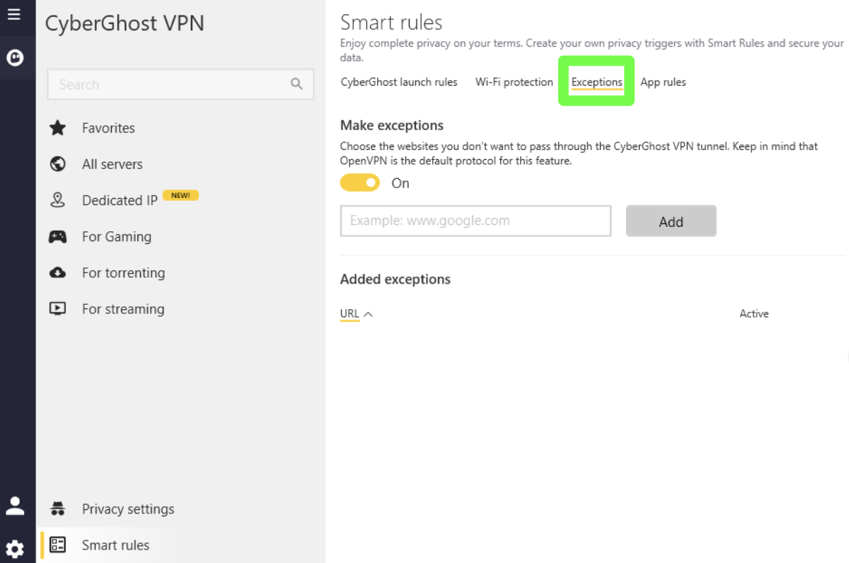 Captura de tela da função Exceções no aplicativo CyberGhost VPN para Windows