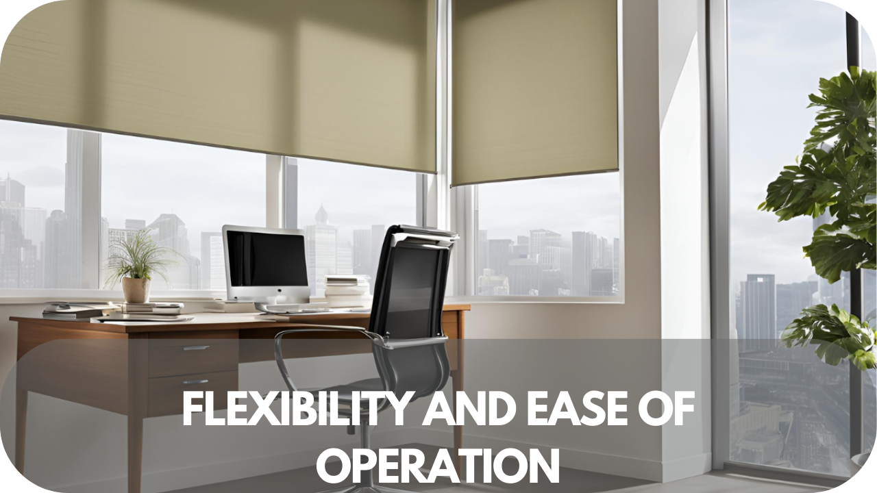 Modern roller blinds in an office, highlighting their smooth operation and flexible adjustments for varying needs.