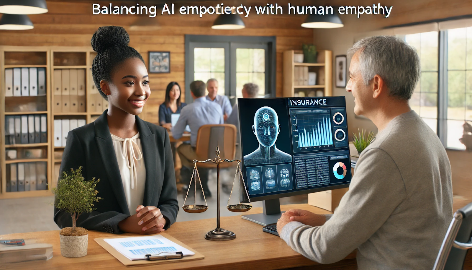 A split-screen image showcasing an insurance agent, a young Black woman, providing personalized service to a middle-aged Hispanic man on one side, and an AI system on a computer screen analyzing insurance data on the other. The image highlights the blend of human empathy and AI efficiency in the insurance process, set in a warm and inviting office space.