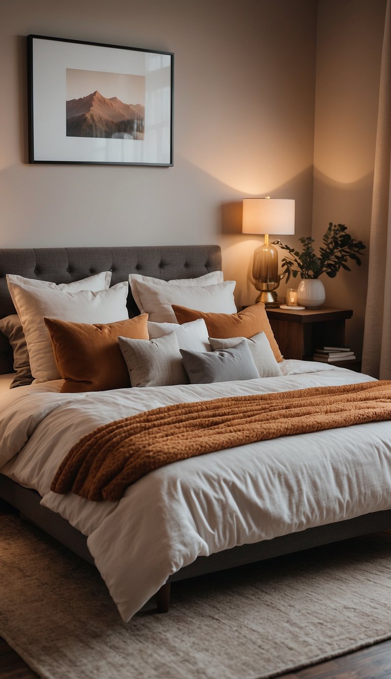 A cozy bedroom with warm, earthy tones and soft lighting. A large, comfortable bed with matching nightstands and a plush rug. Subtle pops of color in the decor to add personality