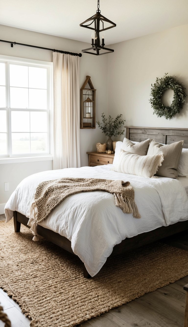 A cozy farmhouse bedroom with a jute area rug, rustic decor, and natural light streaming in through the window