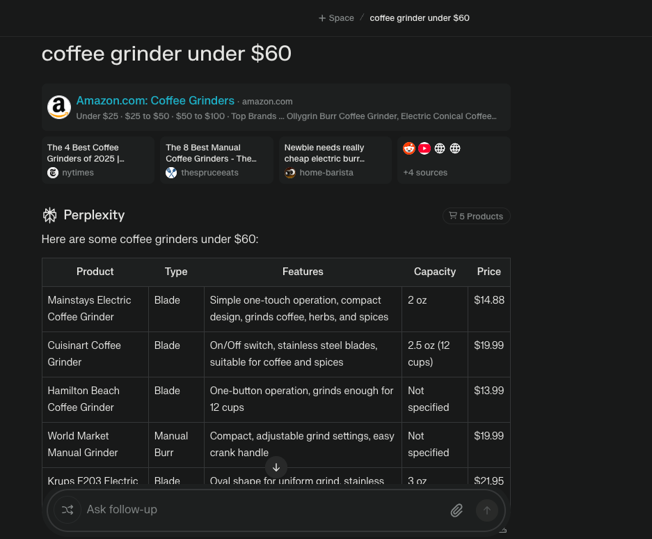 Perplexity search results using AI overview for 'coffee grinder under $60'