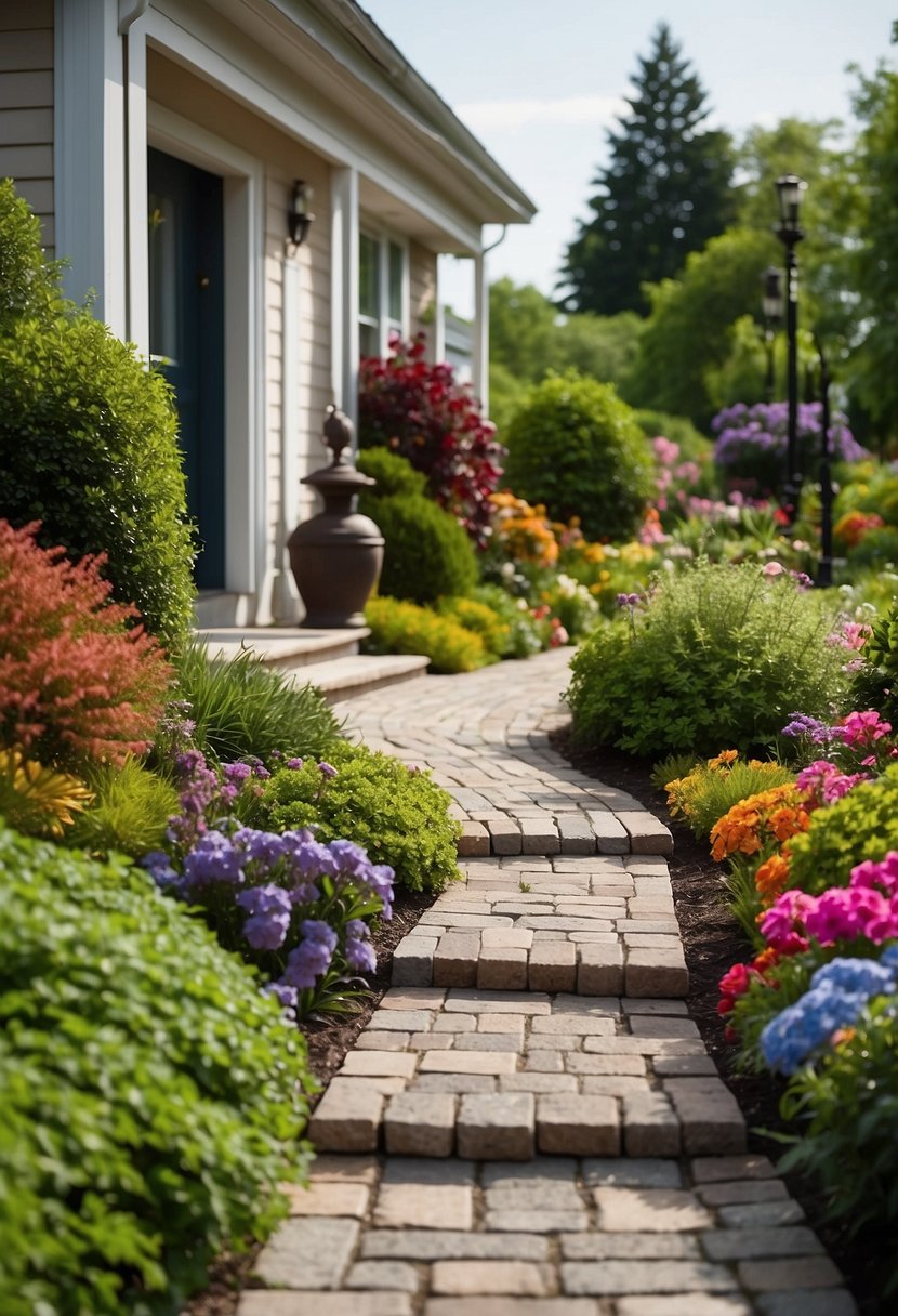 A winding paver walkway leads through a lush garden to the front of a charming house, surrounded by colorful flowers and neatly trimmed shrubs