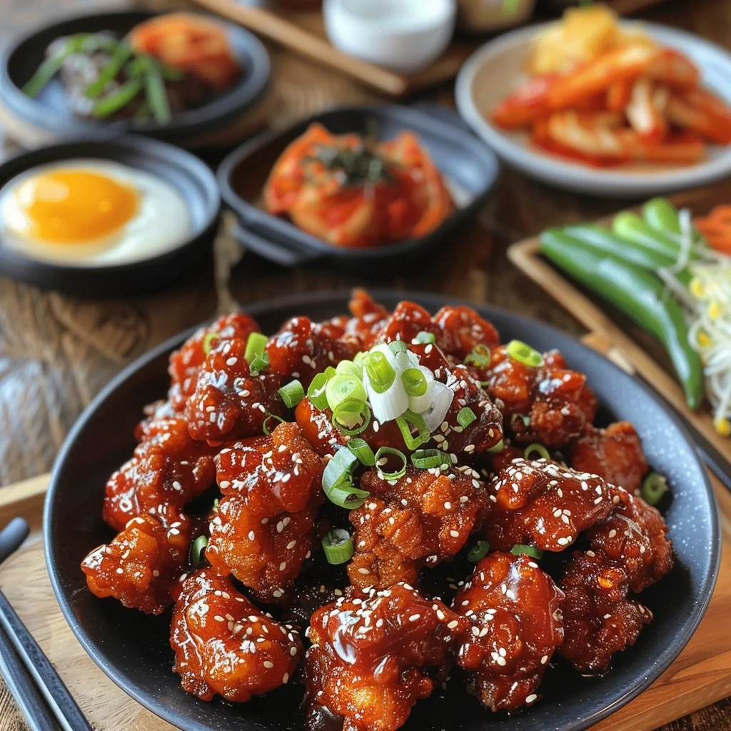 This image features a mouth-watering serving of General Tso's Chicken, generously coated with a glossy, spicy-sweet sauce and sprinkled with sesame seeds and finely chopped green onions. The chicken is presented on a traditional black plate, accompanied by various classic Korean side dishes that include kimchi, pickled vegetables, and a fresh egg yolk, enhancing the flavors and textures of this popular Korean cuisine. This meal is perfect for those who enjoy a harmonious mix of tastes and the rich, savory flavors typical of Chinese dishes.