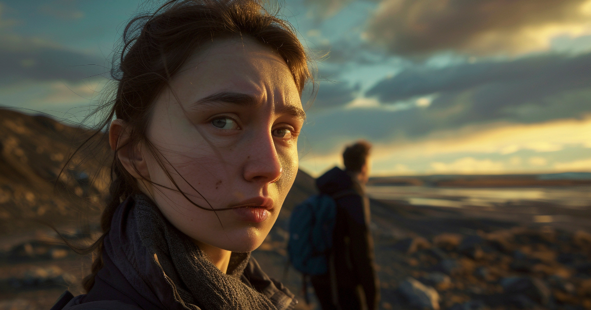 A young woman stands on a rocky landscape at sunset, looking back with a mix of sadness and resolve, while a figure in the distance walks away. It implies that sometimes the bravest thing you can do is remove yourself from someone else's projections.