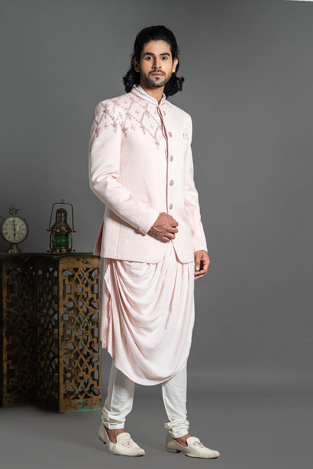 Light peach jodhpuri kurta with cowl