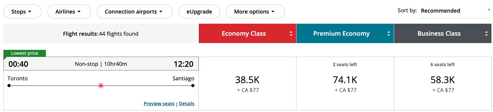 Toronto to Santiago via Aeroplan