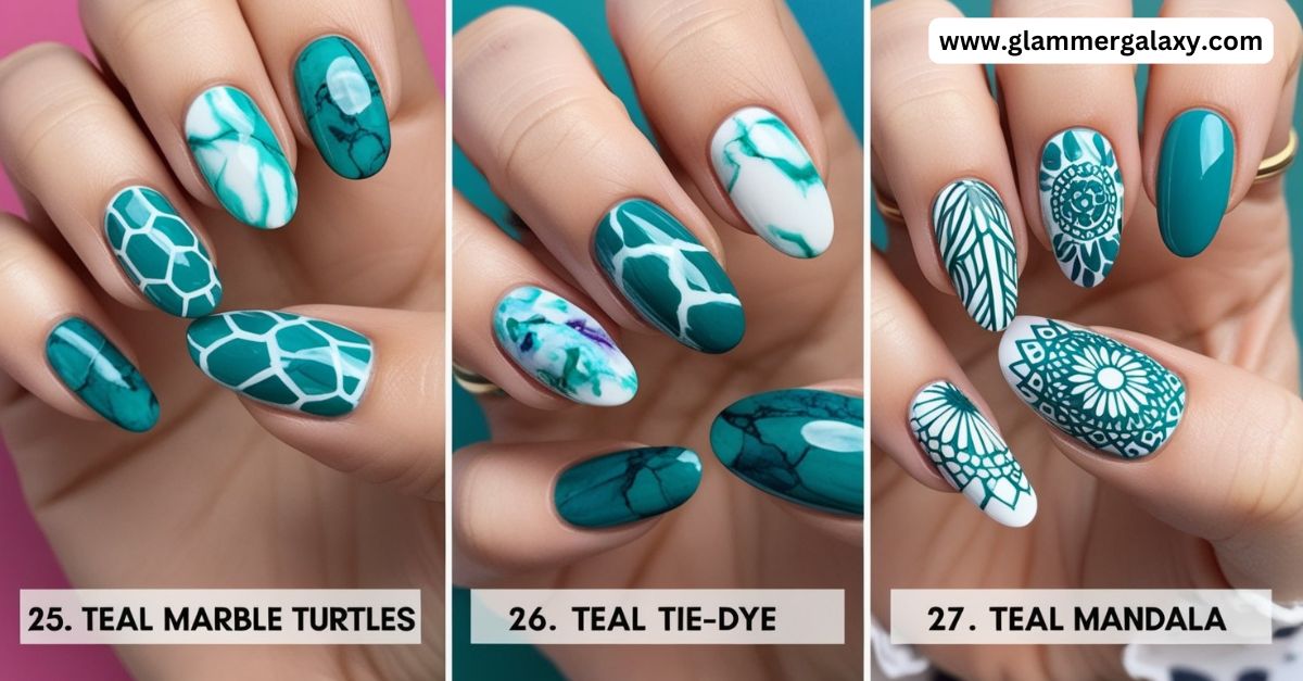 Three sets of nails with teal designs labeled 25, 26, 27; marble turtles, tie-dye, and mandala patterns.