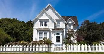 A white house with a white picket fence

Description automatically generated