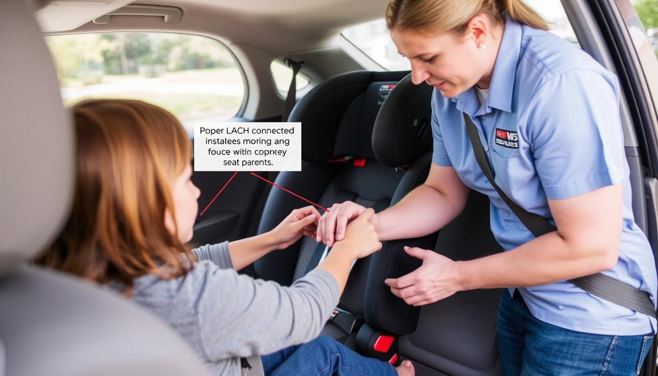 Certified Child Passenger Safety Technician demonstrating proper car seat installation techniques