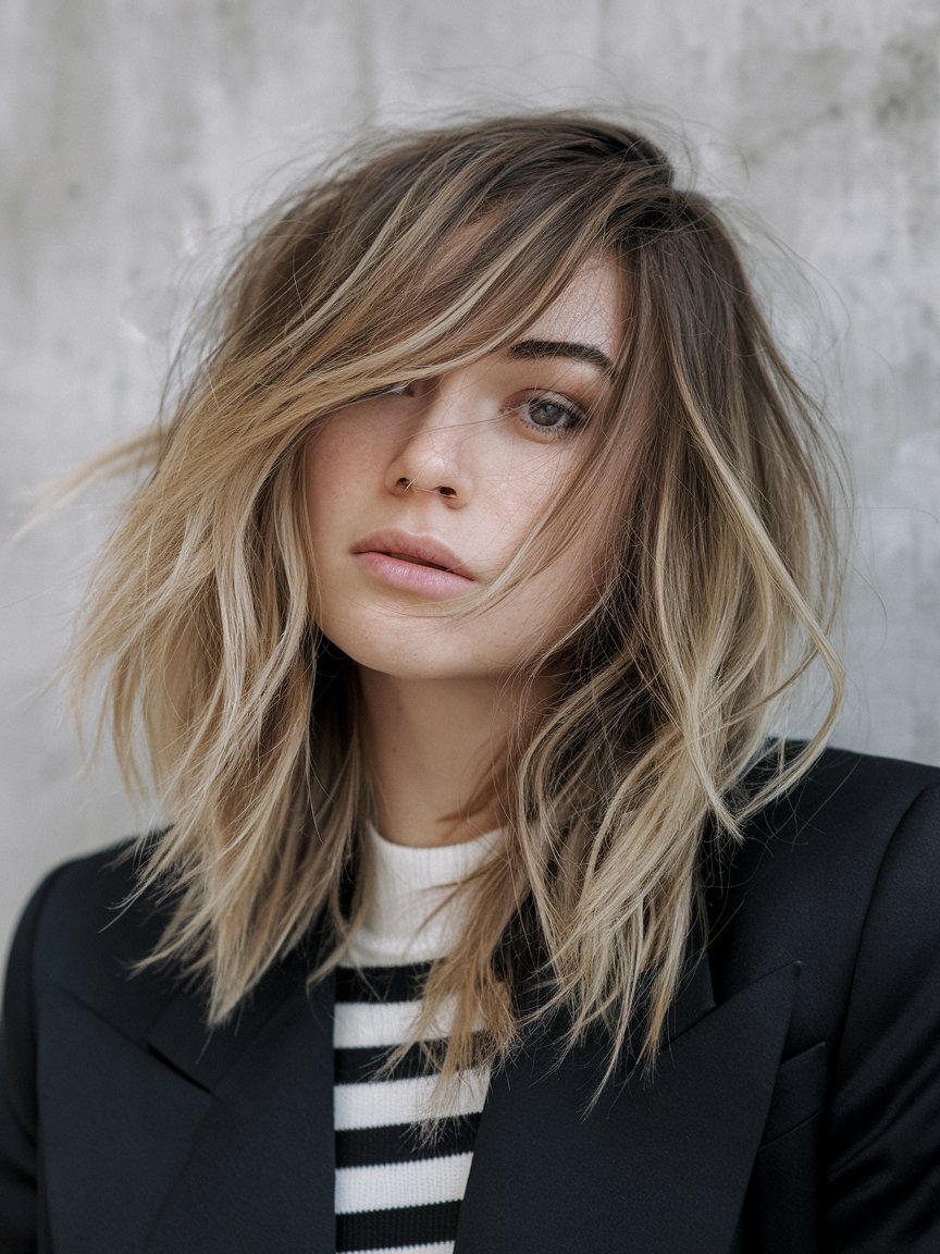 32. Messy Layers with Side-Swept Bangs