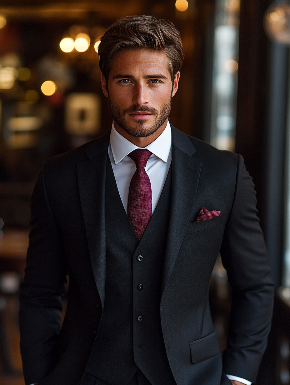 
Stylish suit for a homecoming event. A young man wearing a well-tailored, dark navy or black suit with a subtle sheen, paired with a crisp white dress shirt and a bold-colored tie, such as deep red or royal blue. The look is polished, yet youthful, with a sleek, modern silhouette. Accessories include a pocket square and classic black leather dress shoes. The background features a homecoming dance venue, with soft lighting and a festive, elegant atmosphere. Emphasize sophistication, youthful energy, and celebration.